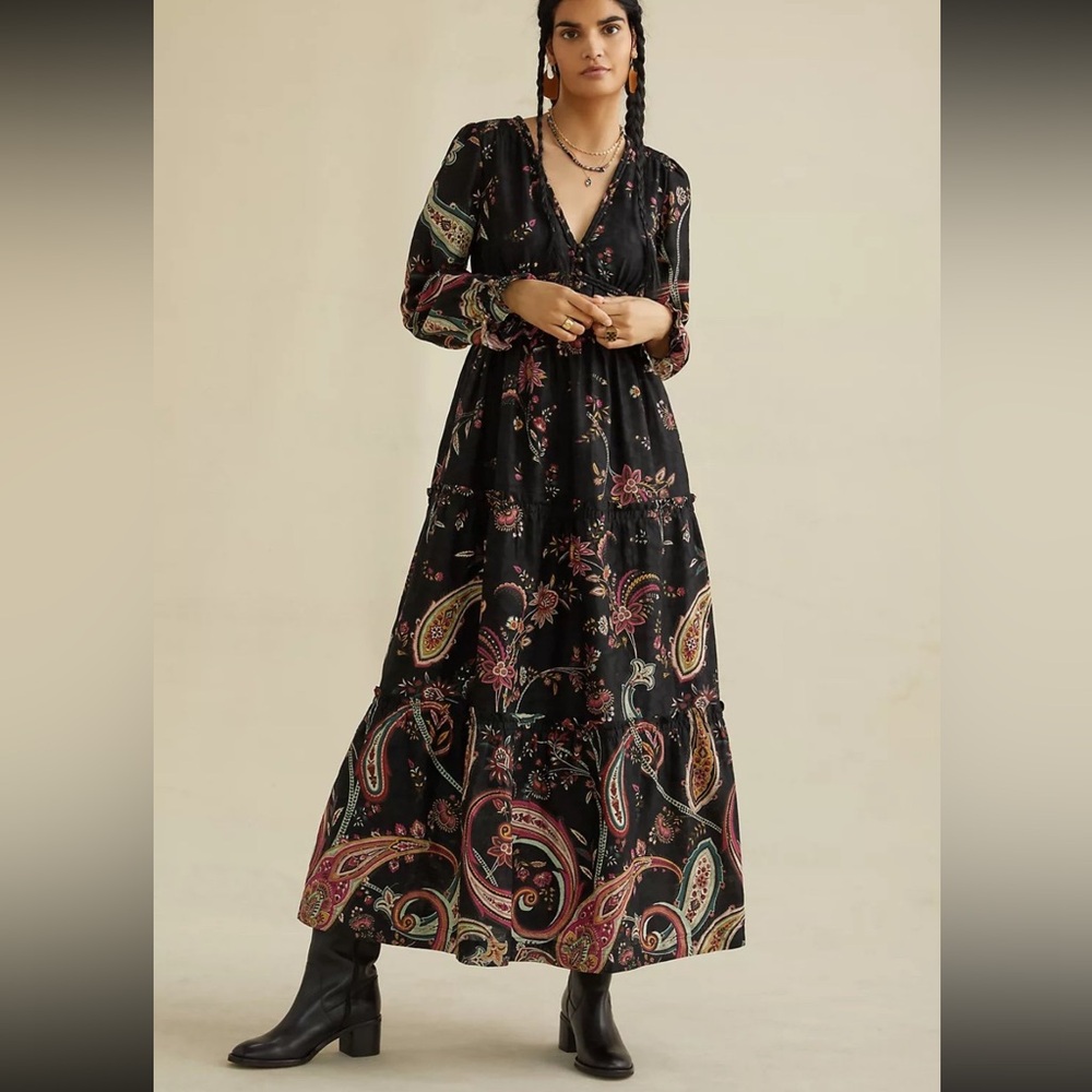 Anthropologie Black Paisley Floral Maxi